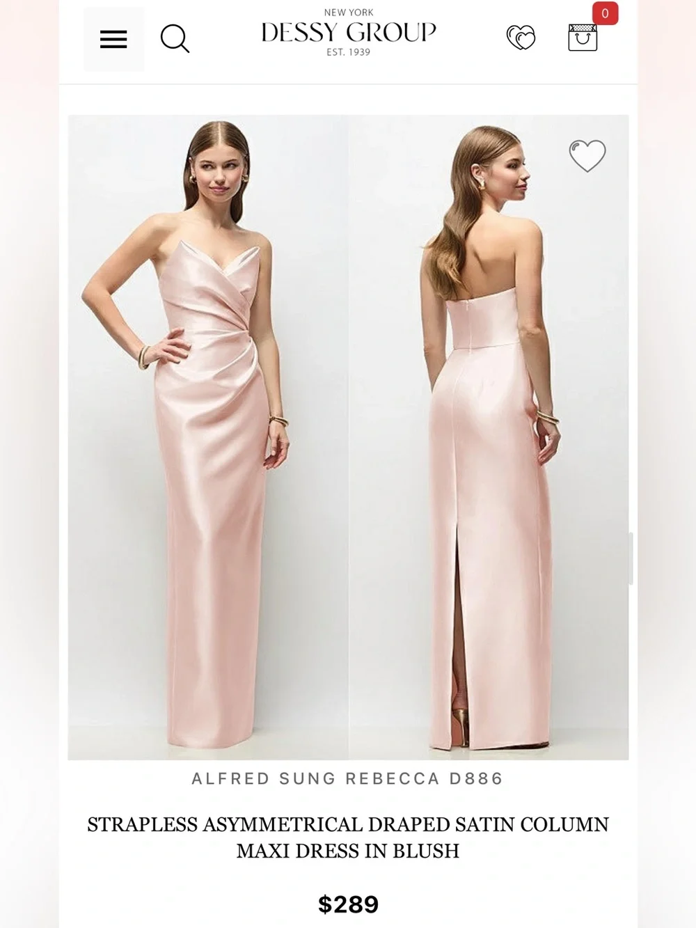 ALFRED SUNG Blush Pink Strapless Asymmetrical Draped Satin Gown
